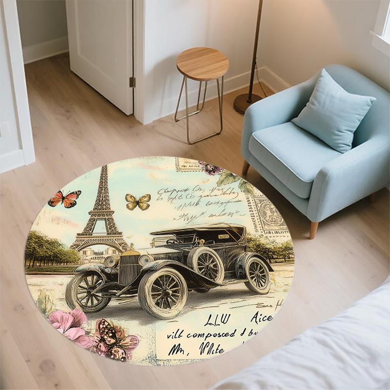 Vintage Eiffel Tower,Round Area Rug,Carpet Rug for Living Room Bedroom Sofa Playroom Decor,Non-slip Floor Mat