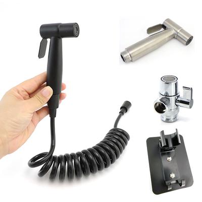 Svart silver Handtoalett bidéspray set Rostfritt stål 2m vattenslang ventil Omledare Hållare Blandare wc badrum Duschhuvud