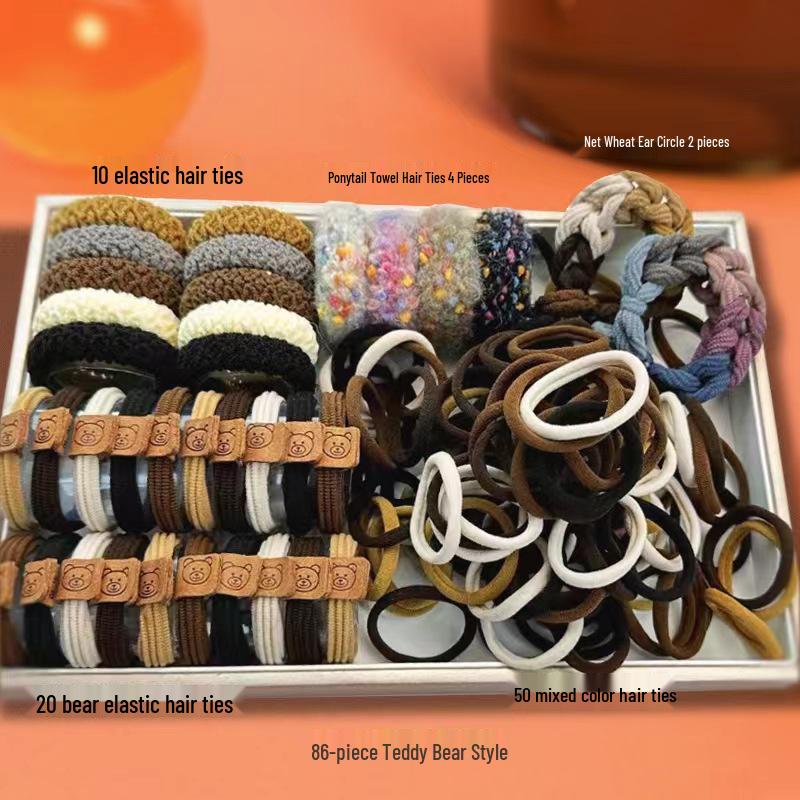 

86-Piece Korean Style Teddy Bear Hair Tie Set - High Elasticity, No Hair Damage, Towel Ring Ponytail Holders