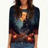 Women’s Casual Halloween Print Crew Neck Three Quarter Sleeve Tee Shirt Top with and Pumpkin Design for Autumn
