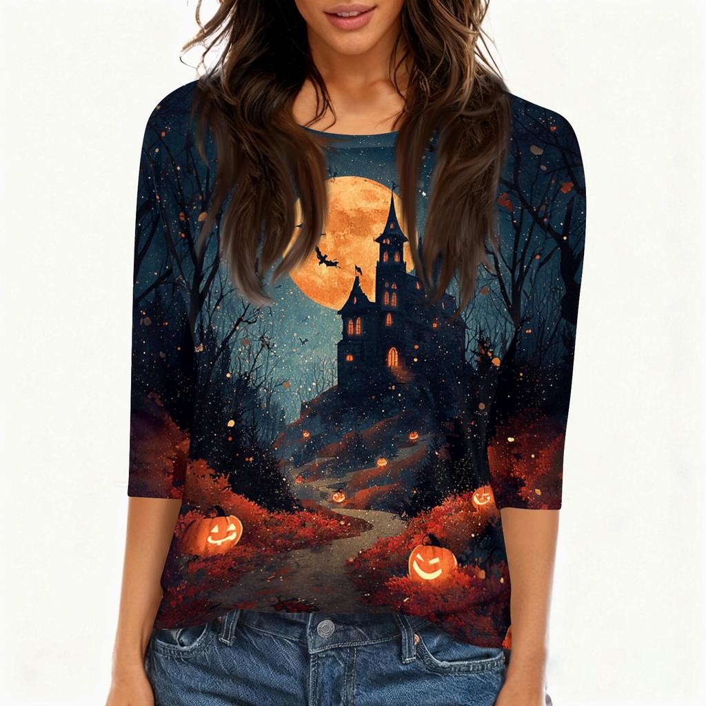 Women’s Casual Halloween Print Crew Neck Three Quarter Sleeve Tee Shirt Top with and Pumpkin Design for Autumn