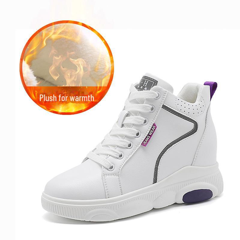 Women's High-Top White Cotton Shoes with Plush Lining, Autumn/Winter 2022 Collection - Height-Enhancing Sports Casual Footwear.