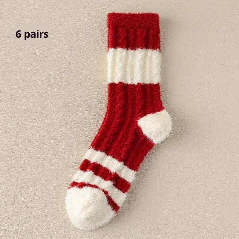 

6 Pairs Winter New Year Velvet Socks With Red White Stripes For Women Mid Tube Socks Girls Warm Plush Red Socks Christmas Gift