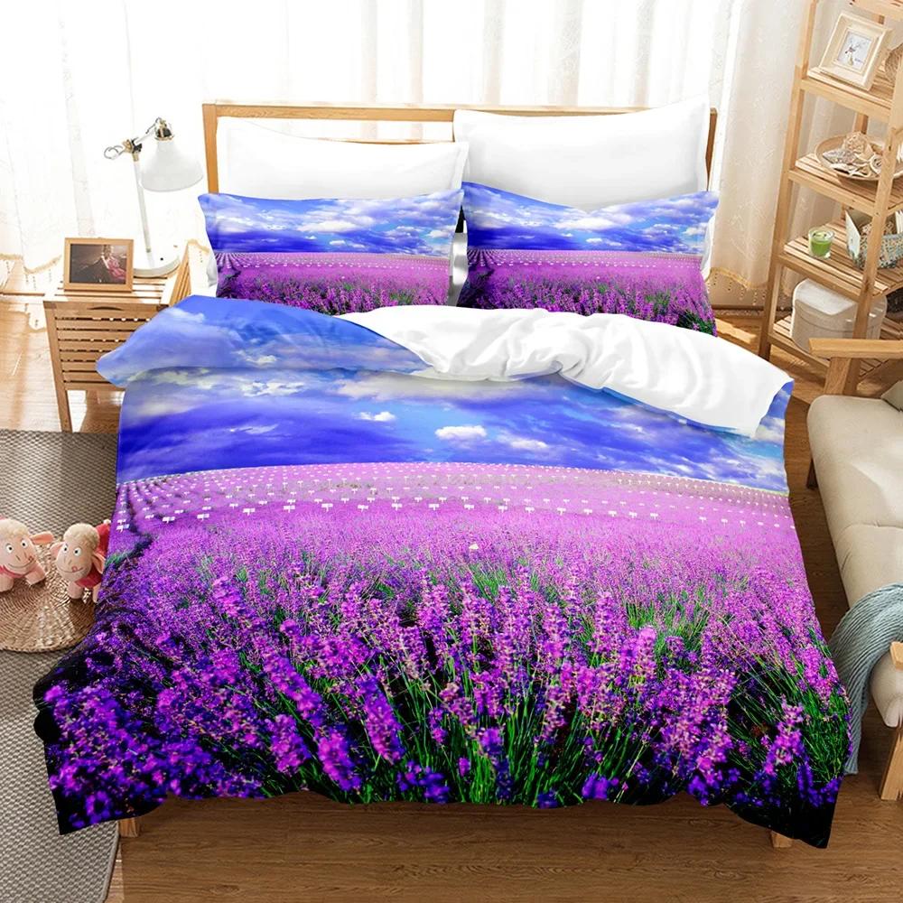 

Lavender Bedding Duvet Cover +Pillowcases Pastoral Village Purple/ Field Comforter Cover Sets 2/3 Pcs Microfiber Bed Set King EU Single(135*200cm)3pcs