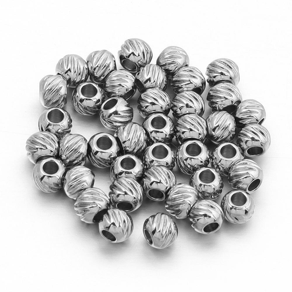 40pcs/lot 4 6 8mm Stainless Steel Beads Streaks Shape Spacers Loose Round Beads For DIY Jewelry Making Accessories Findings