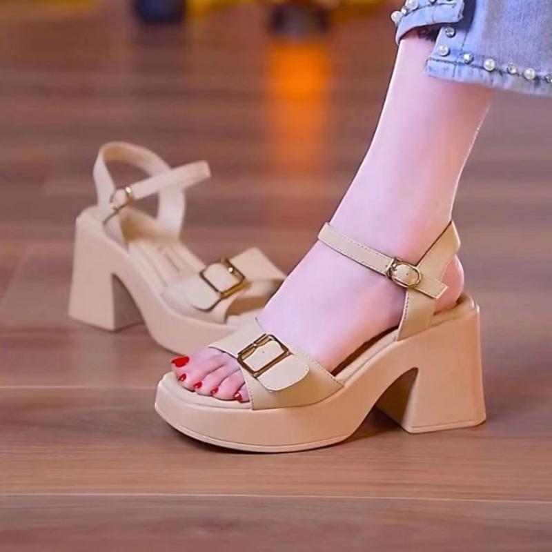 Fashion Ladies Shoes On Sale 2024 New One-word Buckle Women's Sandals Summer Open Toe Mid Heel Water Proof Concise Daily Sandals Women