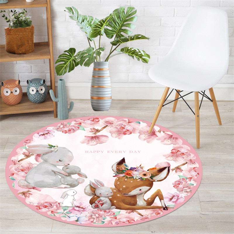 Nordic Kids Room Carpet Round Fox Rabbit Bear Play Mats for Crawling Picnic Anti-Slip Outdoor Floor Decoration Gift for Boys
