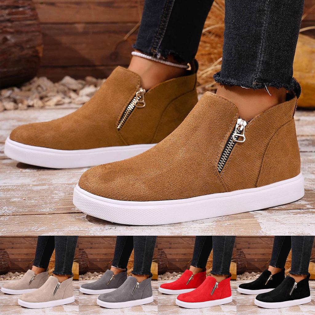 Women's Suede Flat Shoes Fashion Retro Round Toe Short Barrel Casual Side Zipper Thick Bottom Short Studded Boots for Women