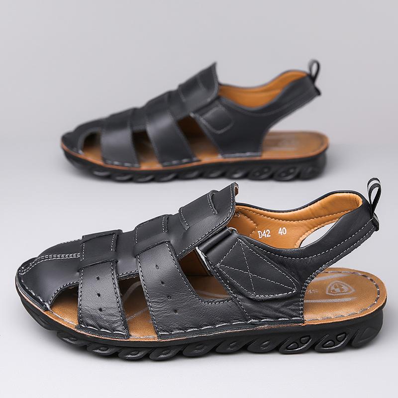Men Handmade Simple Flats Sandals Summer Roman Sandals Retro Black Brown Closed Toe Leather Beach Shoes Plus Size