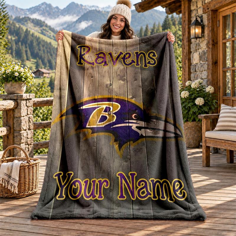 Baltimore Ravens Custom Name Flannel Blanket Personalized Soft Warm Plush Throw Blanket Customized Gift for Family Friends