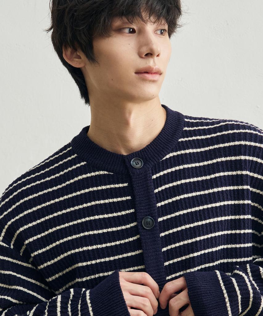 Rotember Low Stripe Crop Knit Cardigan [Navy]