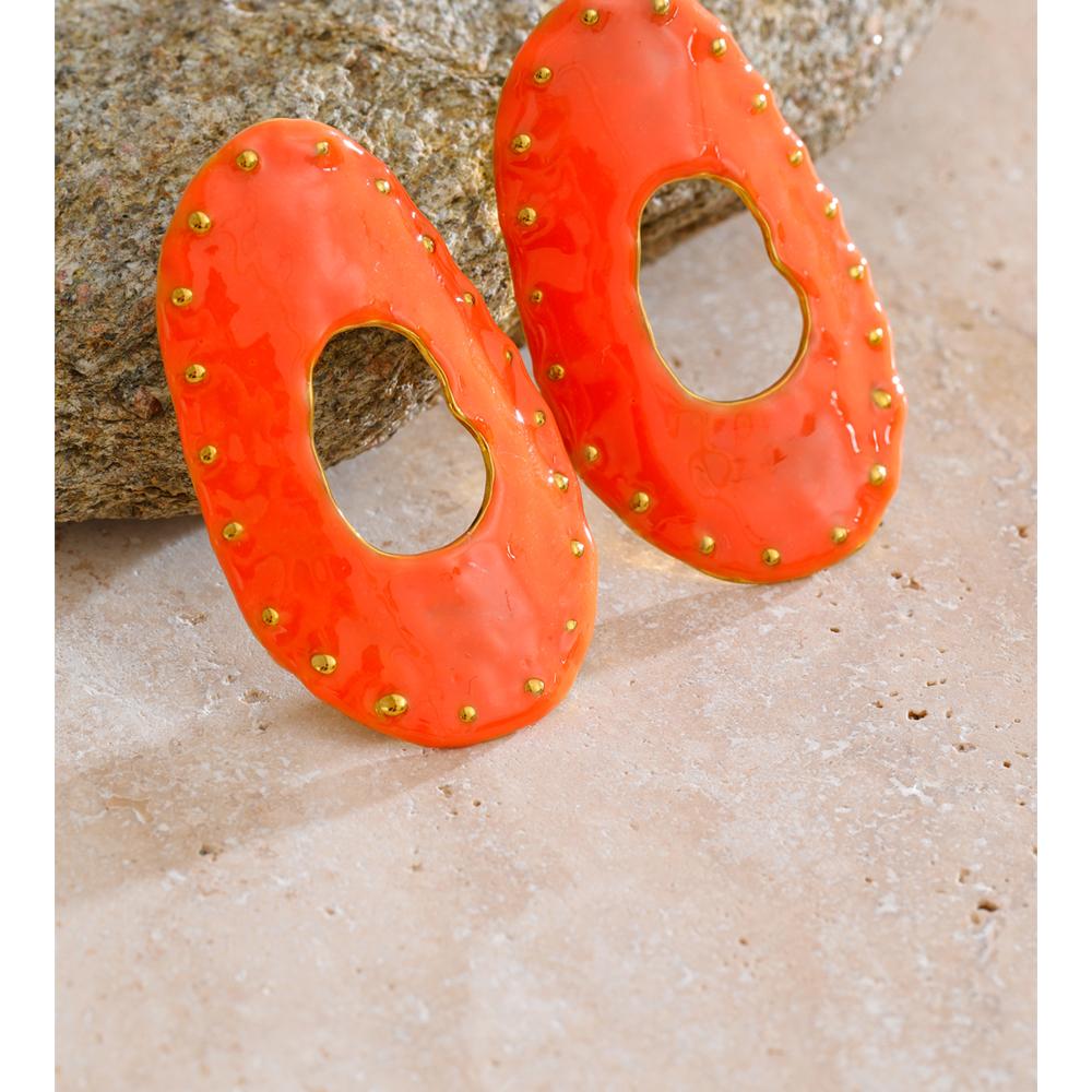 Eetit Stainless Steel Enamel Oval Hollow Stud Earrings Rust Proof Metal Fashion Jewelry Orange White Color