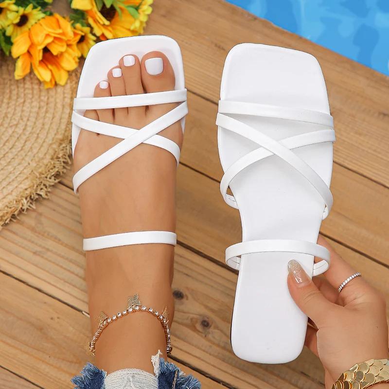 

Fashion Women s Plus Size Narrow Band Open Toe Slippers Fashion Square Toe Flat Slides Female New Weightlight Square Heel Slippers Mujer 44 белый