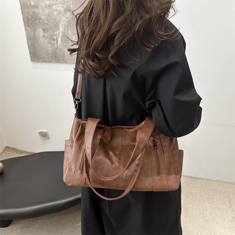 Retro Style Faux Leather Tote Bag for Women Large Capacity Shoulder Handbag