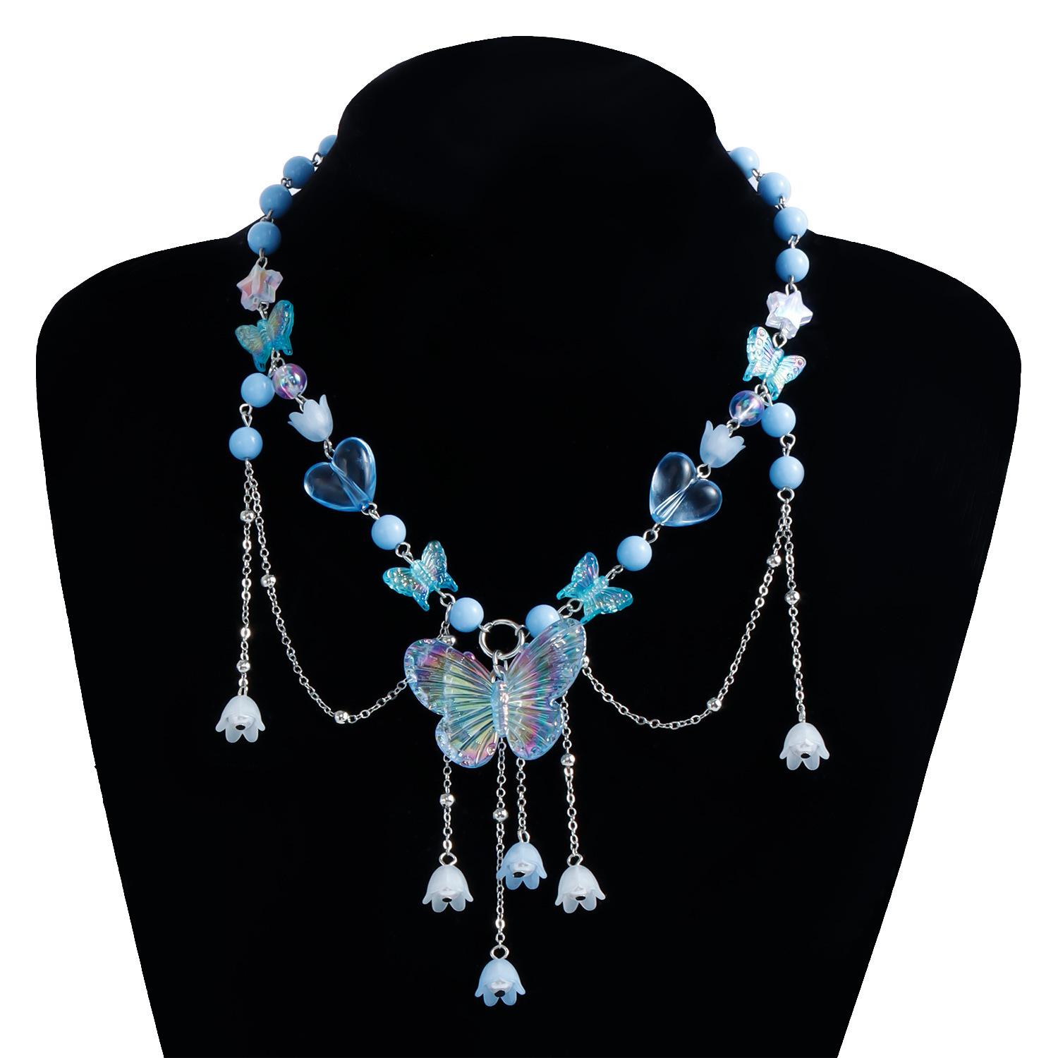 

Y2k Girl Beads Necklace Heart-Shaped Butterfly Choker Tassel Accessory розовый