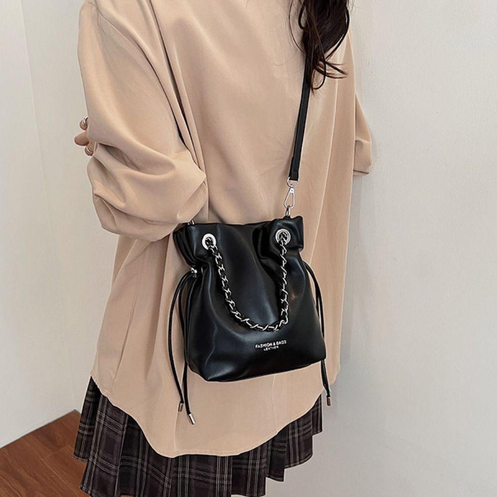 Crossbody Bag Chains Handle Bucket Bags Purse Drawstring Bucket Bag Casual PU Crossbody Bag Women