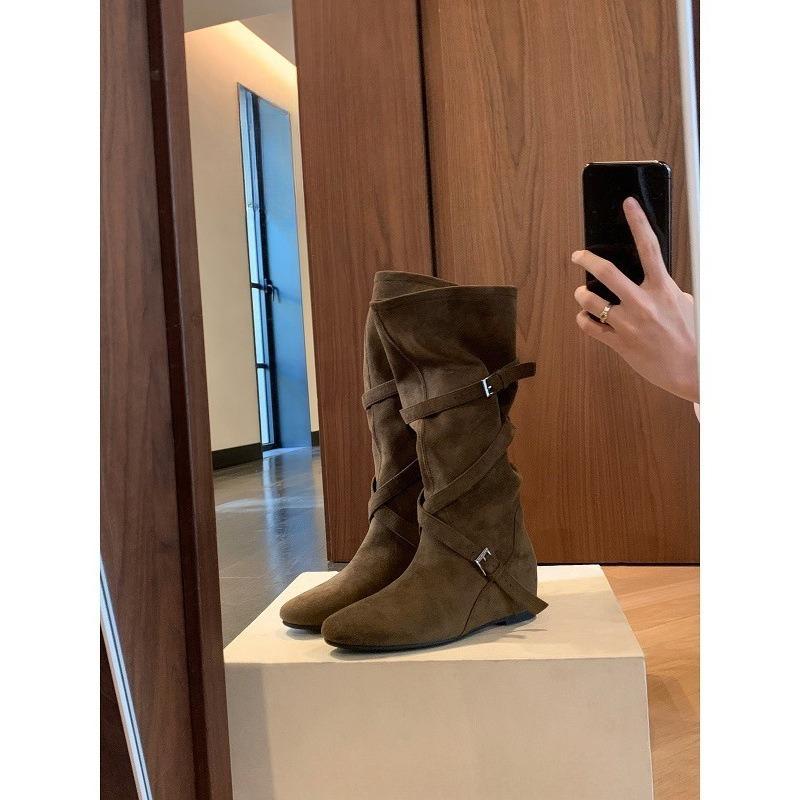 Height-increasing Shoes, Women's Buckle Pleated Long Boots, Slimming Mid-calf Boots, Women's Shoes