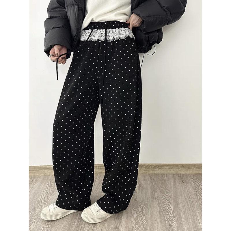 Spring 2025 Patchwork Lace Trim Polka Dot High Waist Loose Straight Wide-Leg Pants