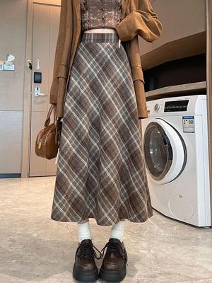 Damen Hochtaillierter Woll-Karo A-Linienrock - Schlankmachend, Mittellang, Retro-Stil für Herbst/Winter