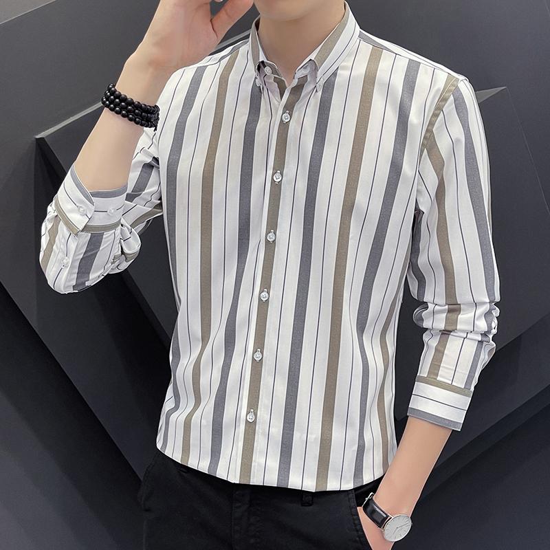 

Korean Style Men s Casual Shirt Fashion Striped Long Sleeve Slim Fit Shirts Men XL белый