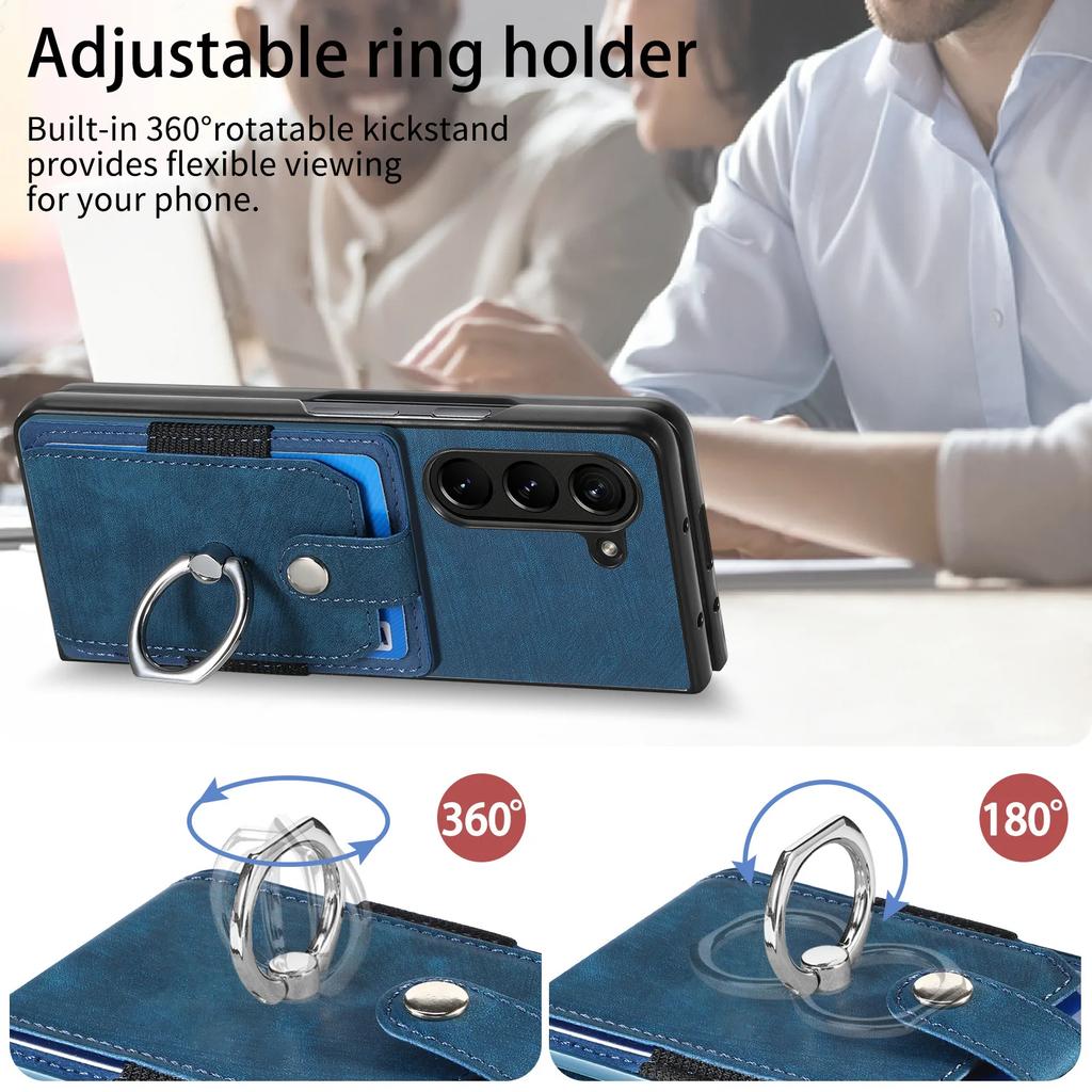 Retro Leather Ring Wallet Case with Card Holder Phone Case for Samsung Galaxy Z Fold 7 6 5 4 3 Fold7 Fold6 Protective Cover