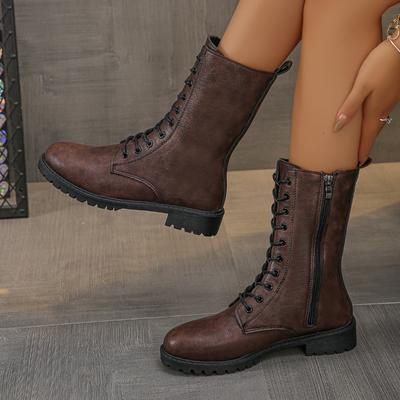 Fashion Lace Up Zipper Midi-Calf Boots for Women Autumn Winter 2026  Solid Platform Modern Boots Woman Square Heel Botas Mujer