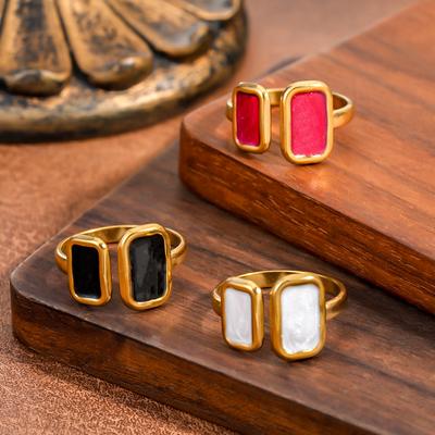 Vintage Stainless Steel Dripping Oil Imitation Enamel Opened Ring for Women Square Gold Color Adjustable Finger Ring Jewelry