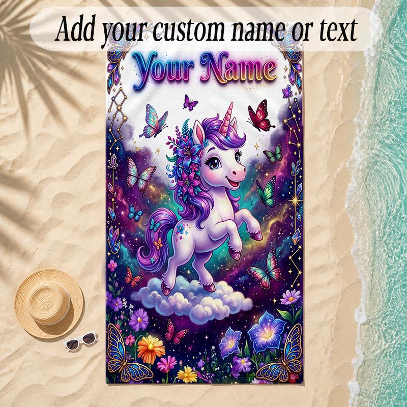 Unicorn Theme Soft Beach Towel Personalized Custom Name Text Towel Portable for Beach Pool Travel