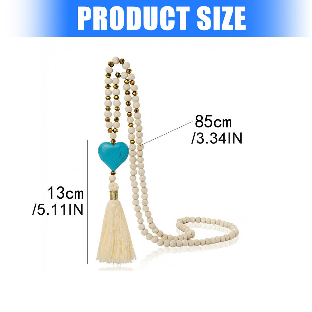 Artistic Retro Inspired Statement Necklace Sweater Chain Jewelry With Imitation Turquoise And Wood Bead Accent