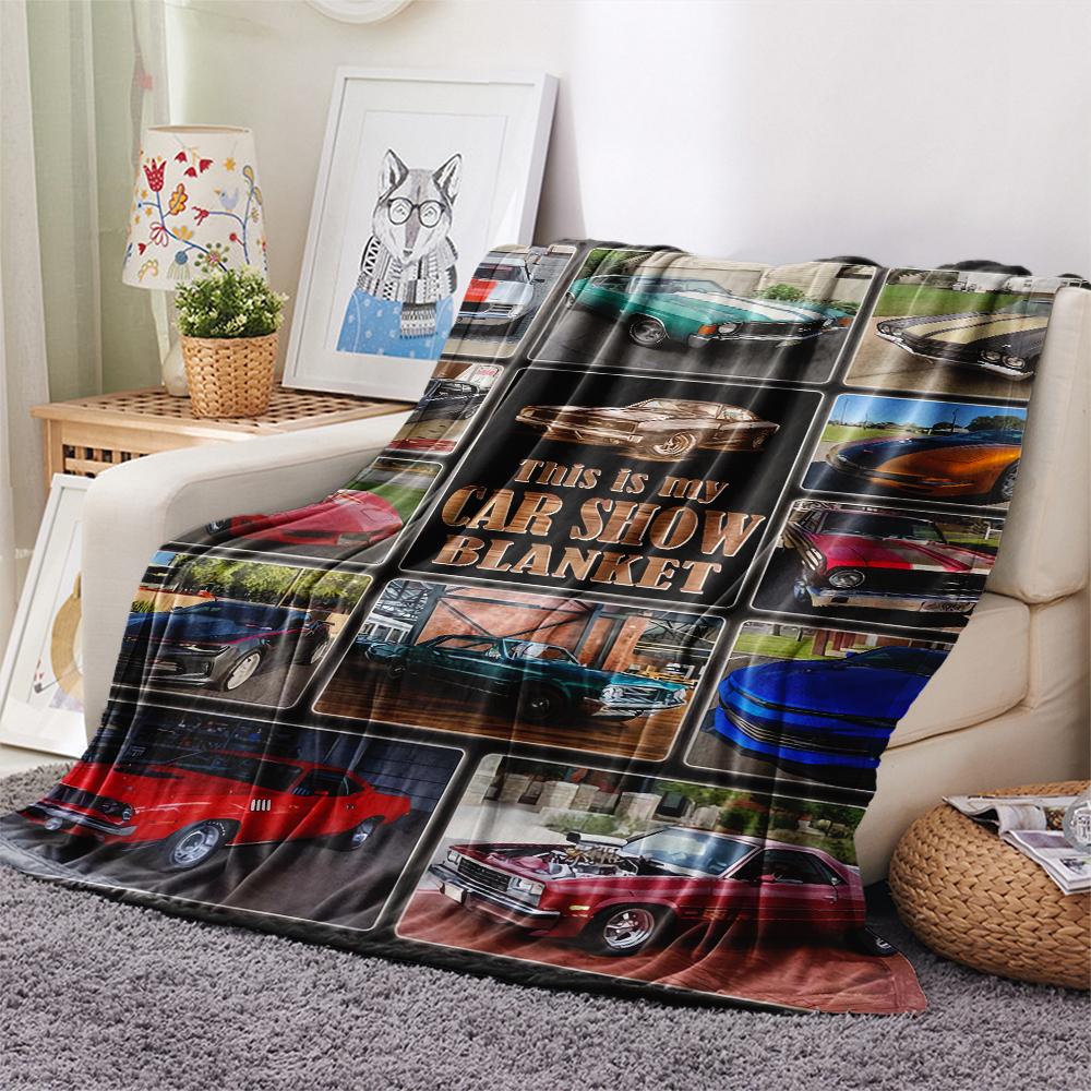 1Pc Vintage Car Print Flannel Blanket, High Quality Comfortable for All Seasons, Home Decor, Warmth and Comfort, Perfect for Christmas Gifts