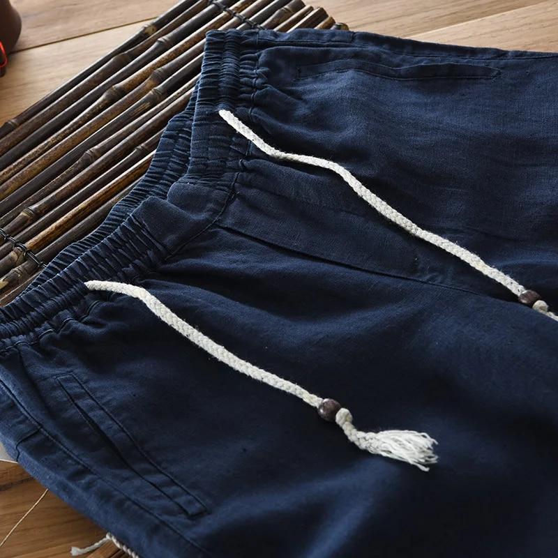 Spring and Summer New Man Pants Natural Pure Linen Long Pant Solid Color Drawstring Elastic Waist Trousers Daily Casual Pants