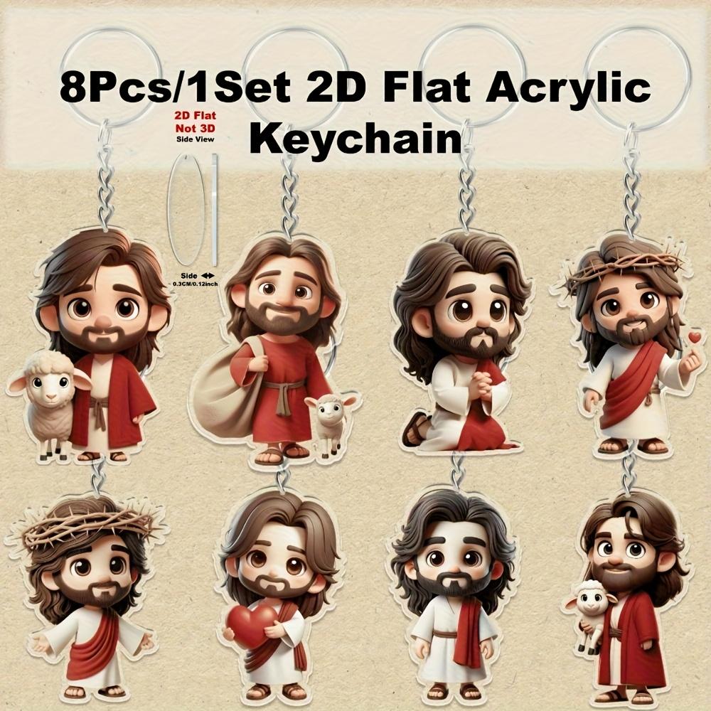8 Parça 2D düz akrilik İsa temalı çizgi film karakter anahtarlık, 2D düz sırt çantası anahtarlık kolye.