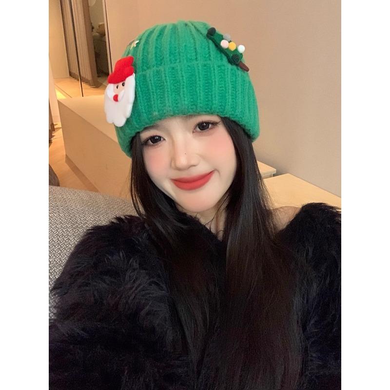 Red Christmas Woolen Hat Autumn and Winter Korean Style Versatile Face Showing Small Knitted Hat Big Head Warm Hat Women