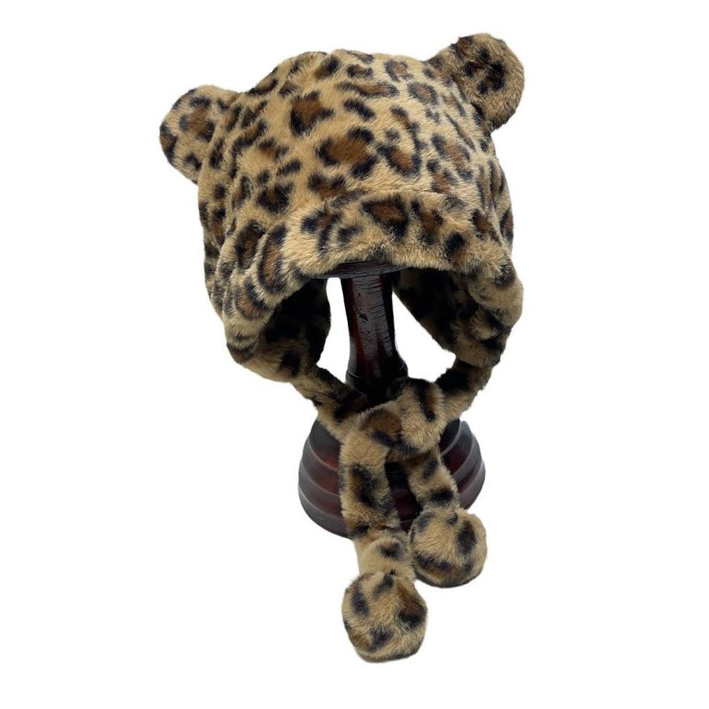 Leopard Bear Ear Caps for Teens And Women Windproof Thicken Skull Hat Warm Pullover Hat Outdoor Winter Activity Headwear
