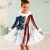 Girls Long Sleeve Star Stripe Printed Dress Fuzzy Collar Cuffs Bow Decor A Line Flared Hem