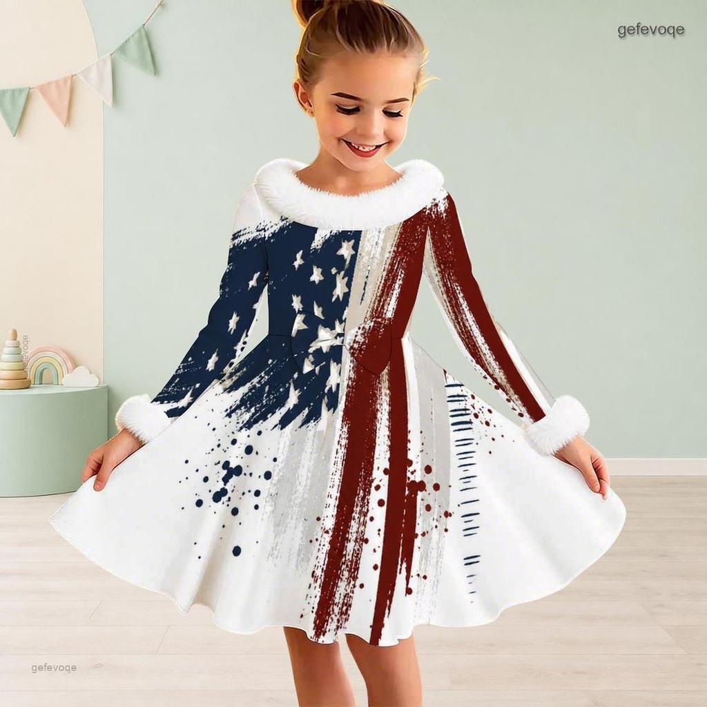 Girls Long Sleeve Star Stripe Printed Dress Fuzzy Collar Cuffs Bow Decor A Line Flared Hem