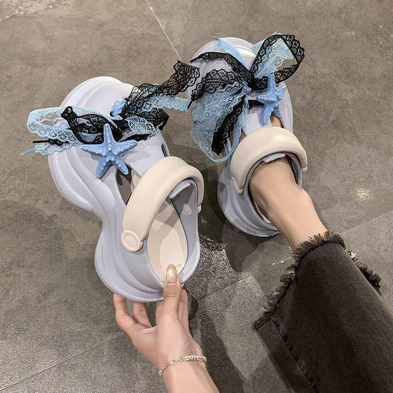 Cute bow cartoon non-slip hole shoes women's 2025 new platform slippers beach muffin bag head shoes women's