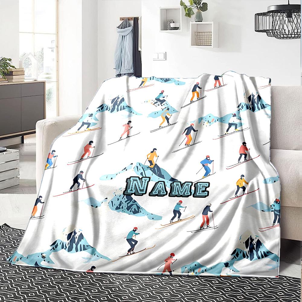 Skiing Adventure On Snowy Peaks With Skiers Multipurpose Personalized Text Comfortable Versatile For Sofa Couch Office Bed Picnics Ideal For All