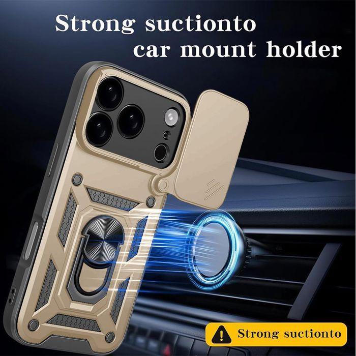 Coque pour iPhone 18 Pro Max, Résistante avec Anneau et Cache Caméra Coulissant - Doré