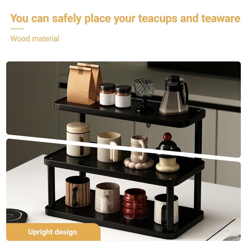 Wood Multi-Layer Coffee Mug Display Rack Stepped Countertop Cup Holder Space Saving Storage Shelf for Kitchen Office Living Room