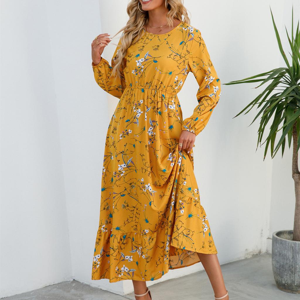 Podzimní kulatý límeček s květinovým potiskem Elegantní úzké dlouhé šaty Vintage bohémské dámské volánky Šifonové šaty