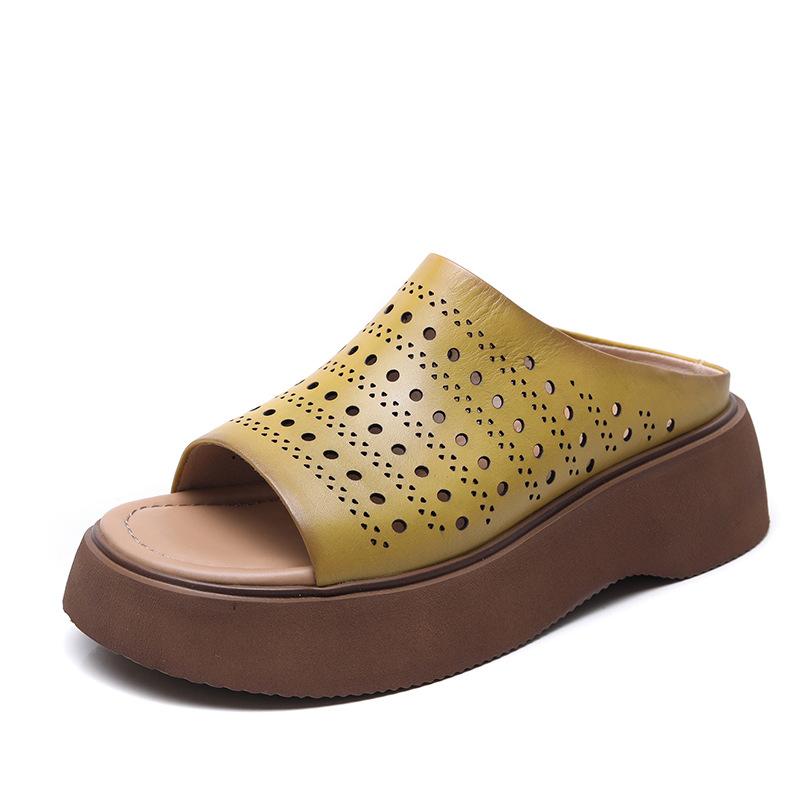 Johnature Pantoufles d'extérieur pour femmes en cuir véritable à bout ouvert et semelles épaisses, sandales compensées ajourées et respirantes de style vintage