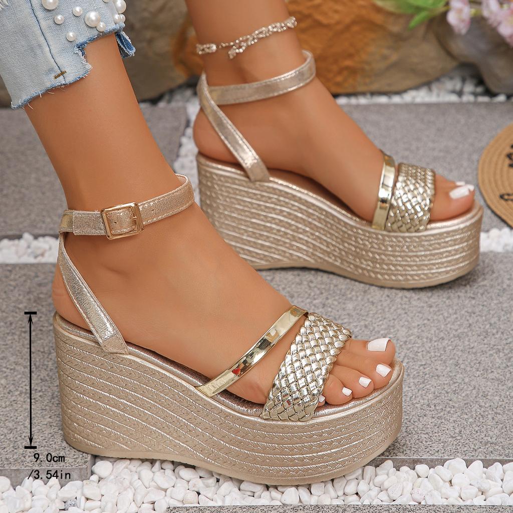 Fashion Pu Leather Weave Wedge Sandals for Women Fashion Gold Chunky Platform Sandals with Ankle Strap Summer Thick Bottom Beach Shoes