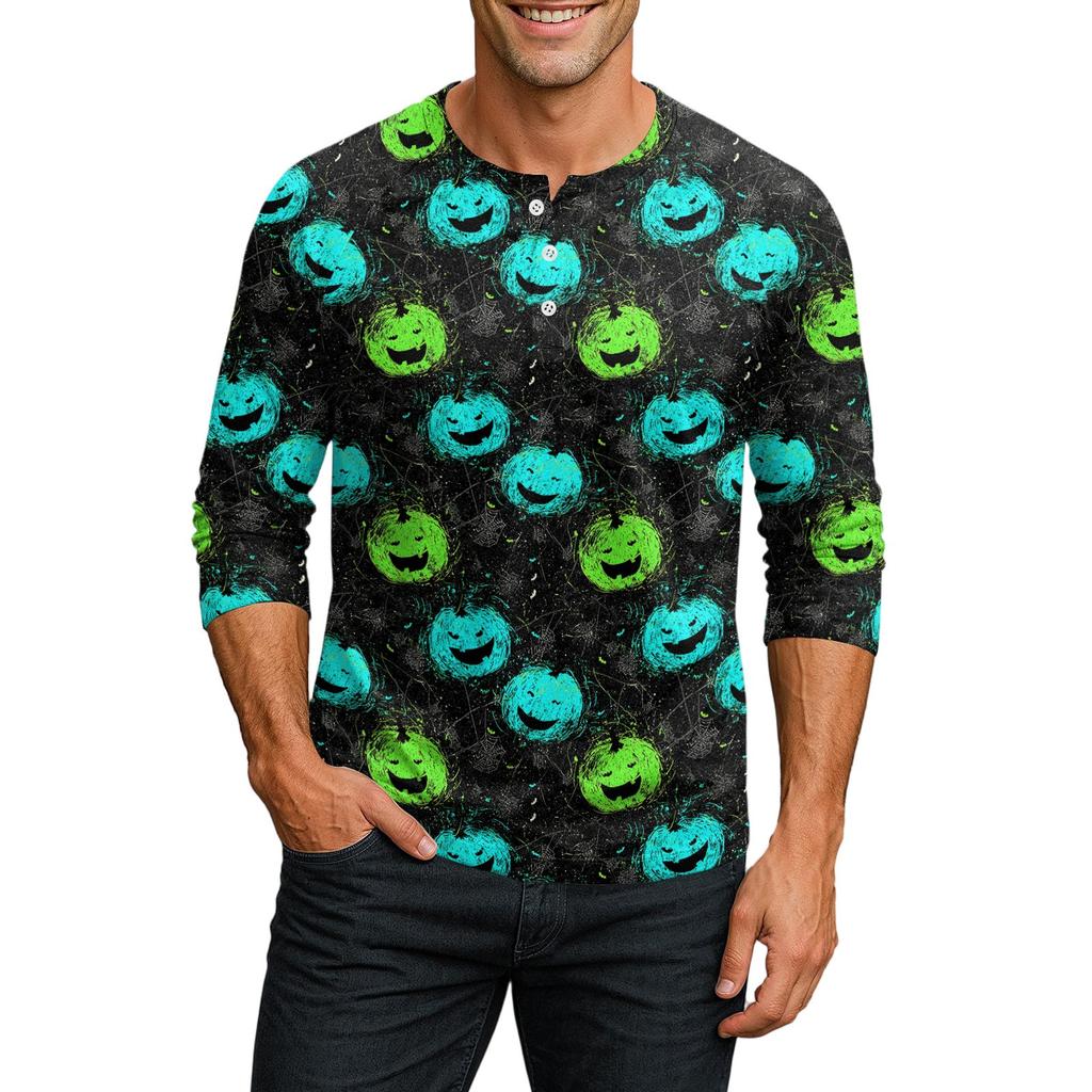 Men Casual Halloween Print Henley Shirt Raglan Sleeve Three Quarter Length Button Front Top for Fall Seasonal Wear