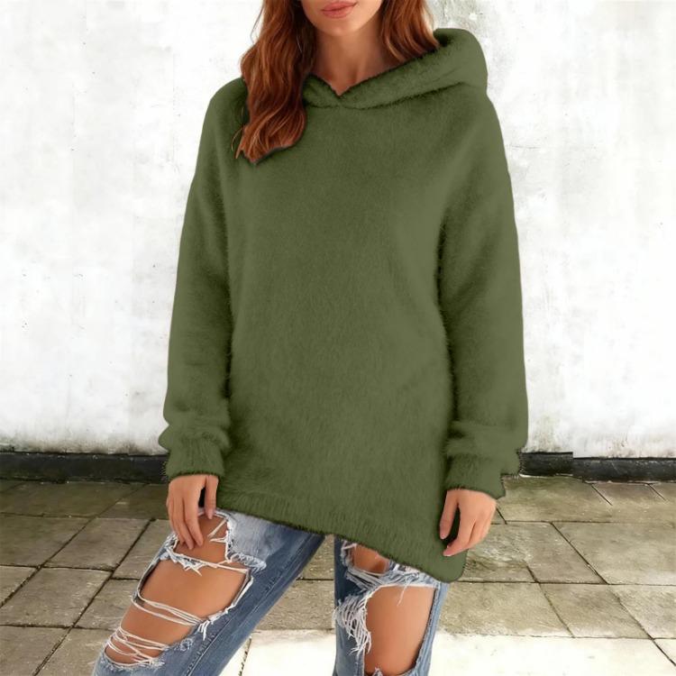 Warm Hooded Fleece Sweatshirt for Women Solid Color Long Sleeve Fashion Top