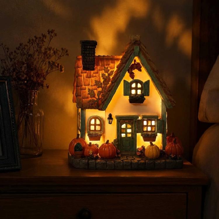 Pumpkin House LED Tabletop Decoration Resin Cottage Statue With Warm Illuminating Window for Fall Centerpieces, Fireplaces Mantels and Bedroom Shelf