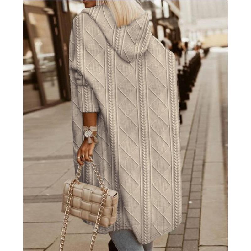 New Women's Jacket Cable Texture Hooded Pocket Long Sleeve Long Windbreaker for Women