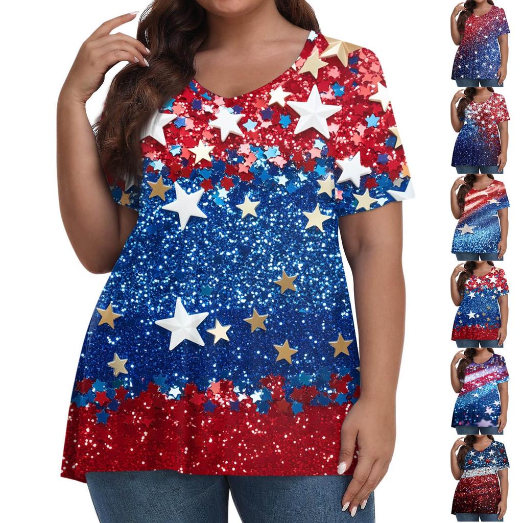 Damenmode Lässig V-Ausschnitt Pullover Kurzarm Übergröße Bedrucktes T-Shirt Top