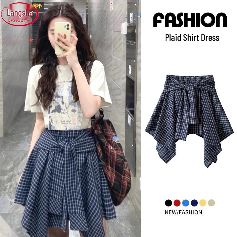 Women s High-Waisted Irregular Plaid A-Line Skirt L