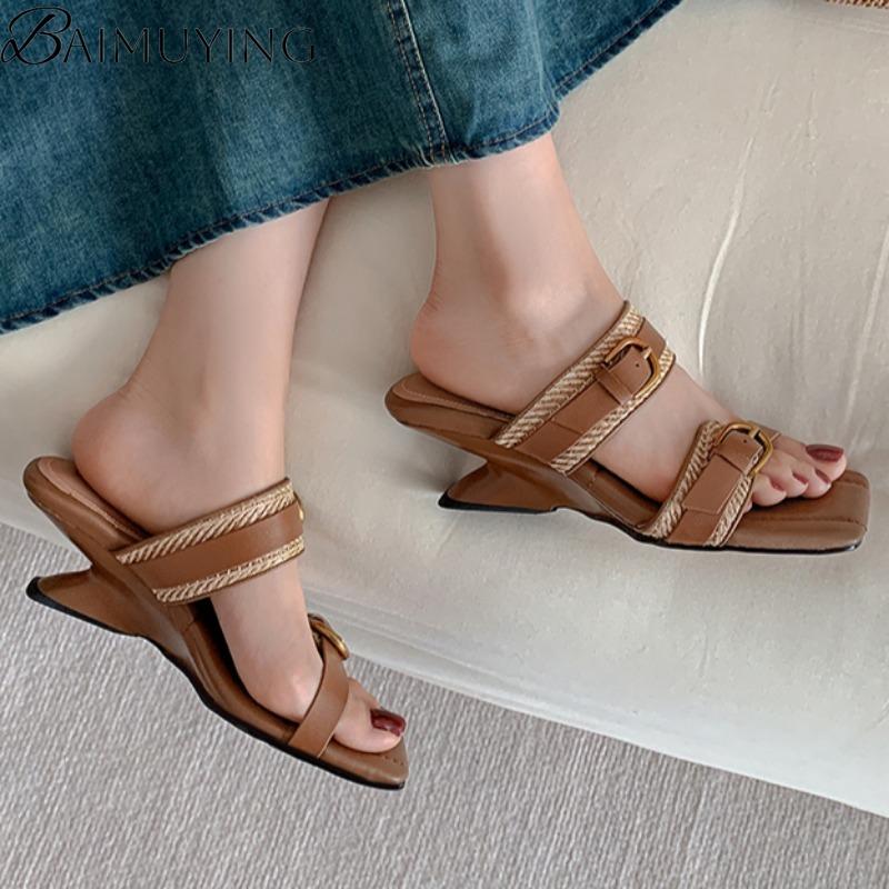 Fashion Square Toe Women Slippers Weave Sandals Loafers High Heels Shoes Woman 2025 Trend Summer Beach Casual Pumps Shallow Slides Mujer